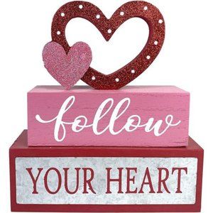 Valentines Day Decor 3-Layered Pink Love Heart, Wooden Table Decorations